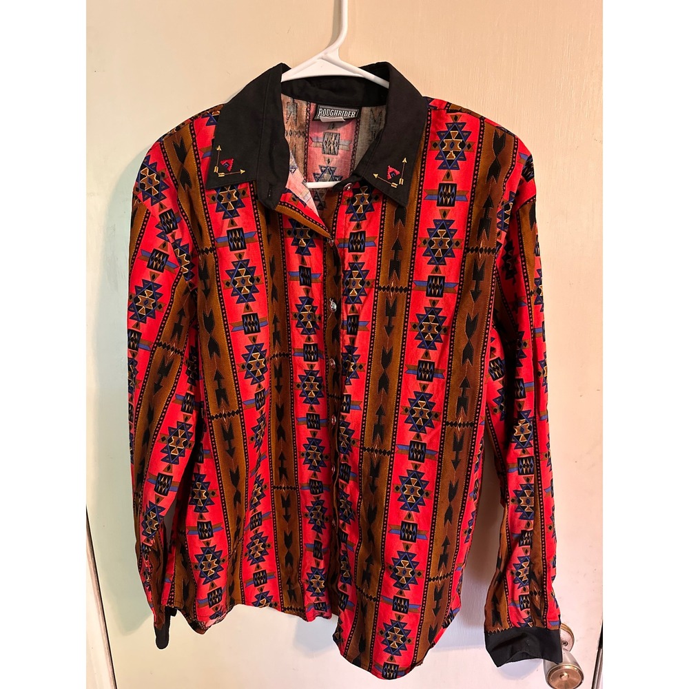 Western Shirt VINTAGE Roughrider by Circle T‎ Aztec Print Long Sleeve Woman's XL